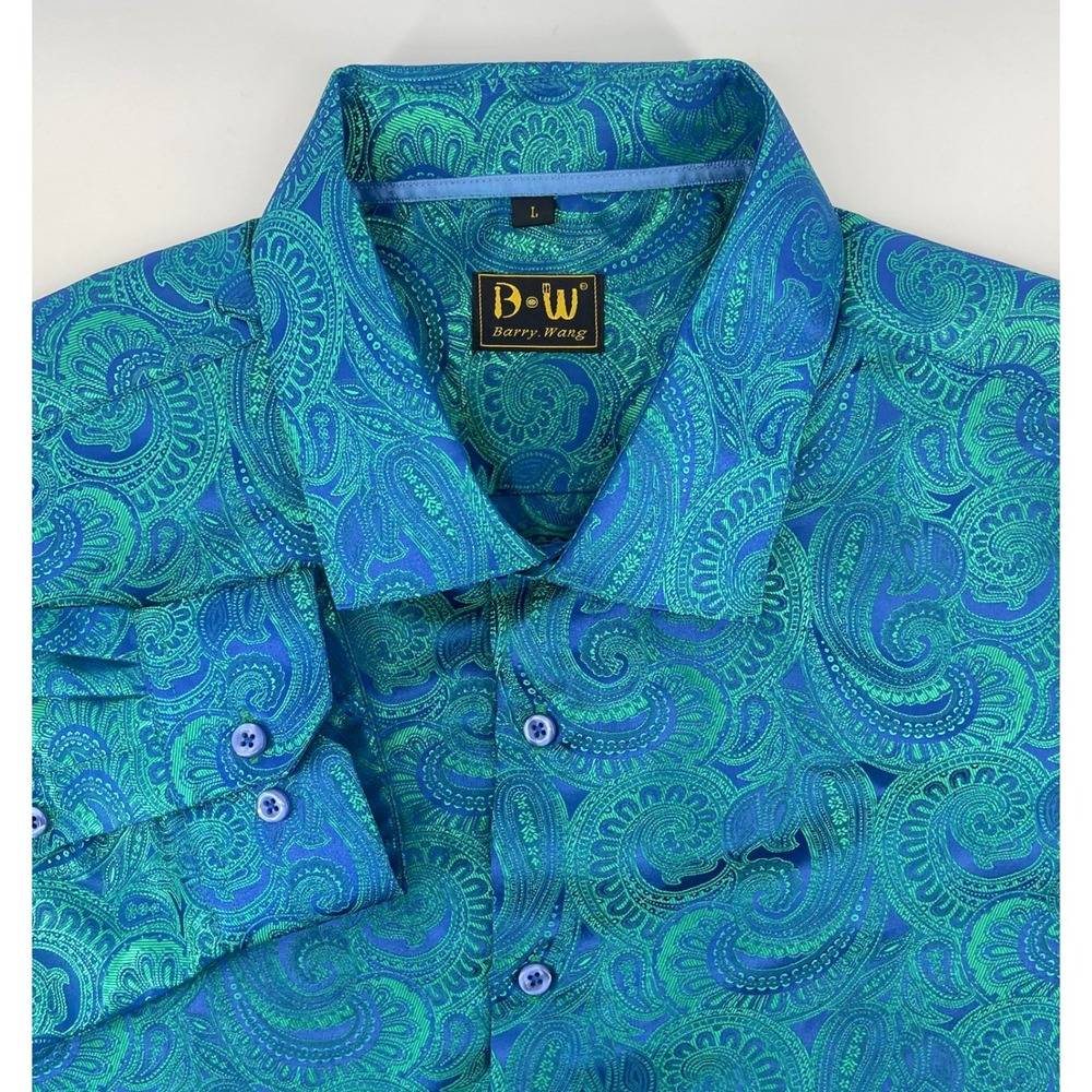 Barry Wang Button Down Shirt Men Lg Teal Green Paisley Silk Blend Jacquard Retro